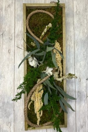 Tableau végétal stabilisé corde naturelle 42x14 cm – Sky Sea Land Flowers, fleuriste Cagnes-sur-Mer