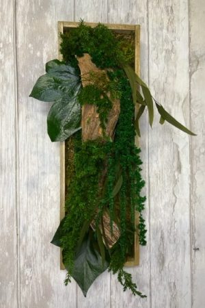 Tableau végétal stabilisé écorce et juniperus 42x14 cm – Sky Sea Land Flowers, fleuriste Cagnes-sur-Mer